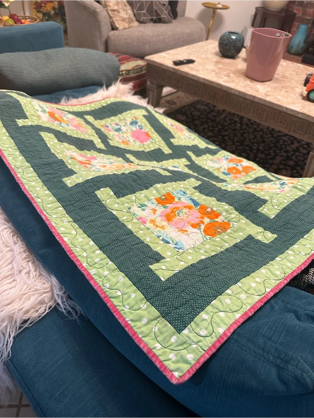 Handmade Floral Patchwork Quilt - Green Floral